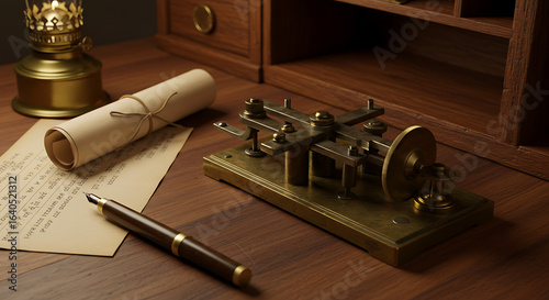 Historic correspondence with vintage communication tools like a brass telegraph and fountain pen under warm, ambient light.