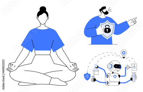 Woman meditating in lotus pose, man with shield for personal security, and robot multitasking with tools. Ideal for wellness, cybersecurity, AI, mindfulness, productivity, balance simple flat