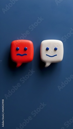 Two cheerful speech bubbles featuring faces on a vibrant blue background, illustrating friendly communication