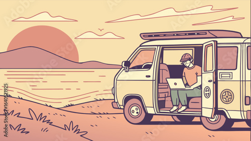 Van life digital nomad working remotely on laptop by the sea at sunset travel and adventure lifestyle scene
