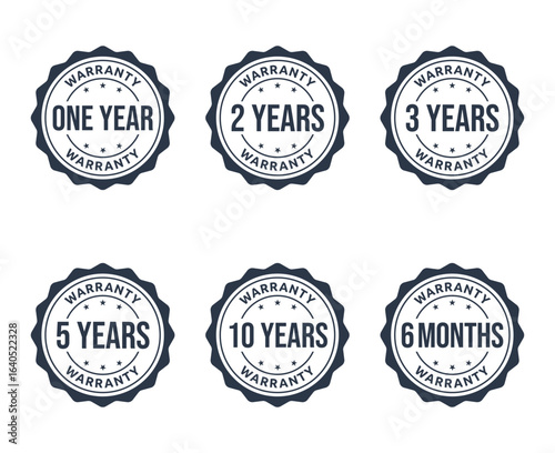 1, 2, 3, 5, 10 years warranty icon set, 6 months warranty label