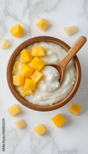 Yogurt in a wooden cup with mango cubes.