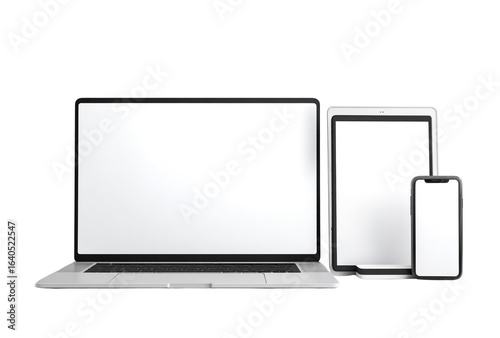 Modern electronic devices including a laptop, tablet, and smartphone, all isolated on a transparent background