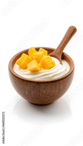 Yogurt in a wooden cup with mango cubes.