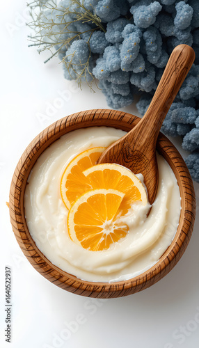 Yogurt in a wooden cup with orange.