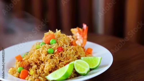 Delicious Fried Rice with Shrimp and Lime Slices, Culinary Delight