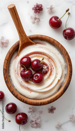Yogurt in a wooden cup with cherries.