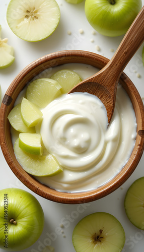 Yogurt in a wooden cup with green apple.