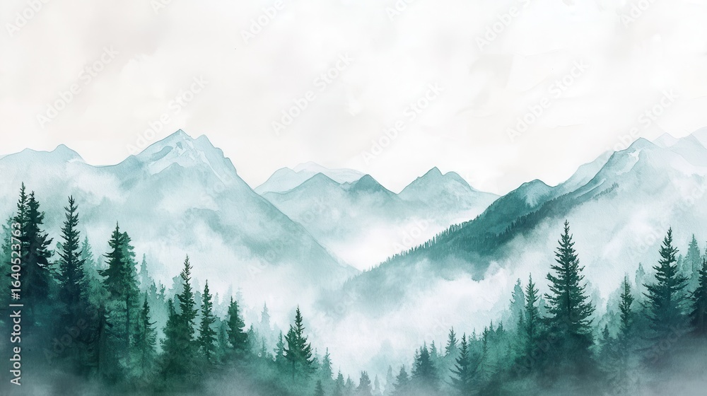 Fototapeta premium Serene Misty Mountains Surrounded by Lush Green Trees