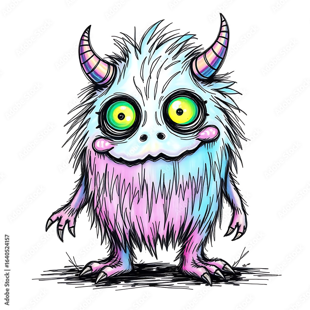 Obraz premium A fluffy colorful monster with big eyes and horns standing on two feet