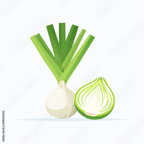 Spring onion, whole and cut in half, vector illustration, flat design, clean lines, white background, minimal style
