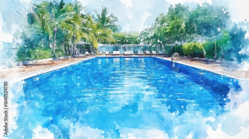 Serene swimming pool with lounge chairs and palm trees at resort
