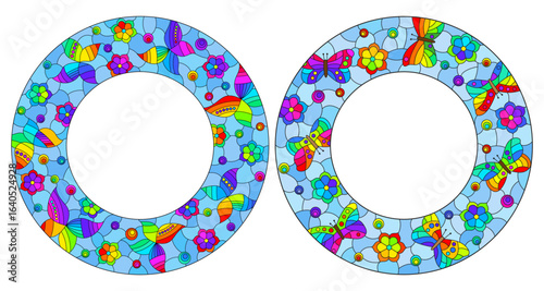 A set of illustrations in the style of stained glass with a bright frames, butterflies and flowers on a blue background
