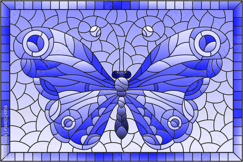 An illustration in stained glass style with a butterflymin a frame, rectangular image, tone blue