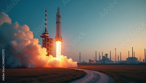 Rocket launch over industrial landscape at dawn.