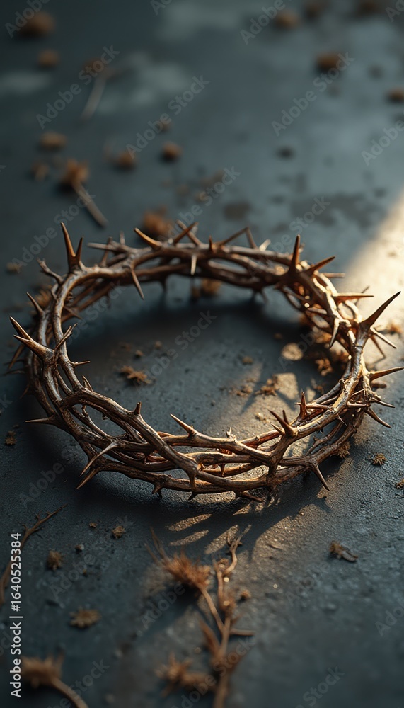 Fototapeta premium Crown of thorns on dark surface in solemn indoor setting