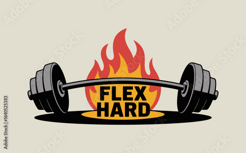 Illustration of a barbell with weights and flames with the text Flex Hard on a beige background
