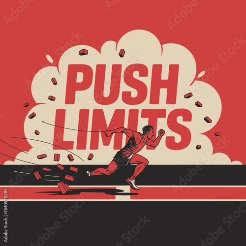 Motivational illustration of a man running through a barrier with the words PUSH LIMITS