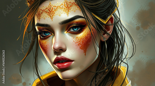 Digital sketch of a model with gold glitter makeup, loose strokes, epic colors, atmospheric details, fantasy scene