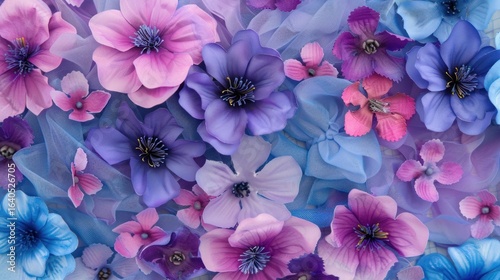 Floral tapestry of pastel shades.  Layered flowers in various shades of pink, purple, and blue, on a backdrop of translucent fabric