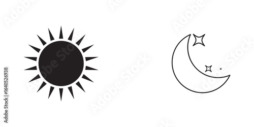 Black Sun and Moon Icons for Day and Night,  Sun, moon icons, design. Space shapes for design. Vector liner collection eps 10