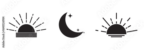 Black Sun and Moon Icons for Day and Night,  Sun, moon icons, design. Space shapes for design. Vector liner collection eps 10