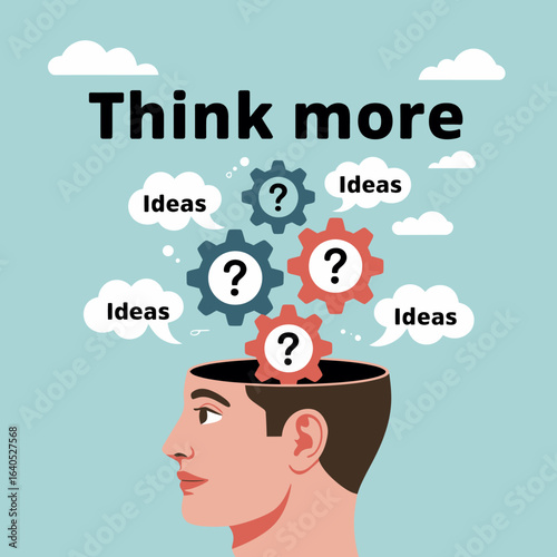 Human head open with gears and question marks symbolizing thinking more and generating ideas innovative concepts for problem solving and creativity vector