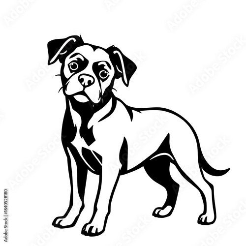 A striking black and white illustration of a pitbull puppy standing with its head slightly tilted and ears perked up capturing its alert and curious nature