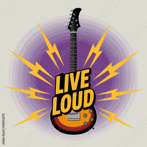 Bold 'live loud' electric guitar poster with bursting lightning bolts and vibrant purple gradient background promoting music and concerts vector