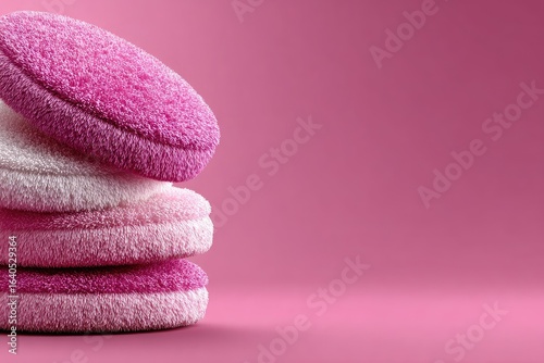 Stack of pink and white textured circular objects on a pink background