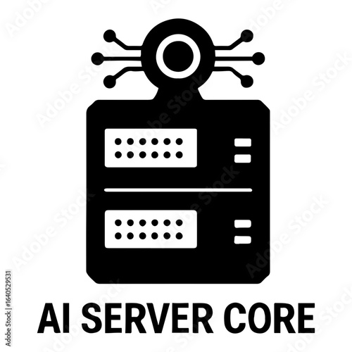 Vector ai icon illustration of a black ai server core with a connected circuit board on top on transparent background