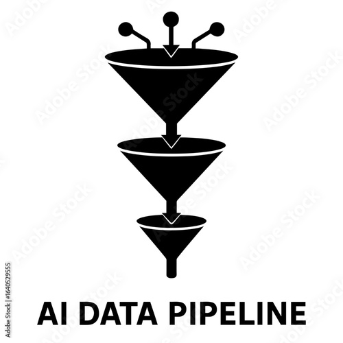 Vector ai icon illustration of a data pipeline with three funnels connected in a vertical stack on transparent background