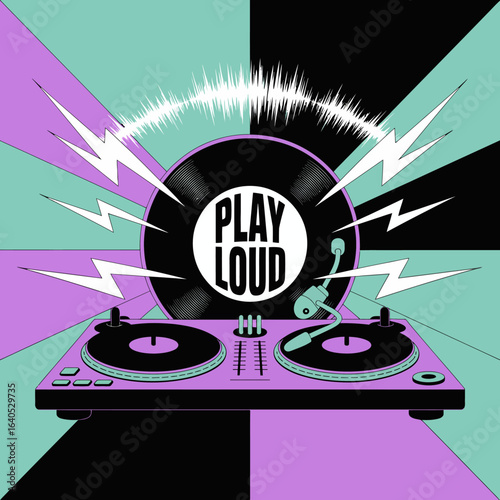 Illustration of a DJ controller with vinyl records and play loud text in a dynamic background with purple and teal colors