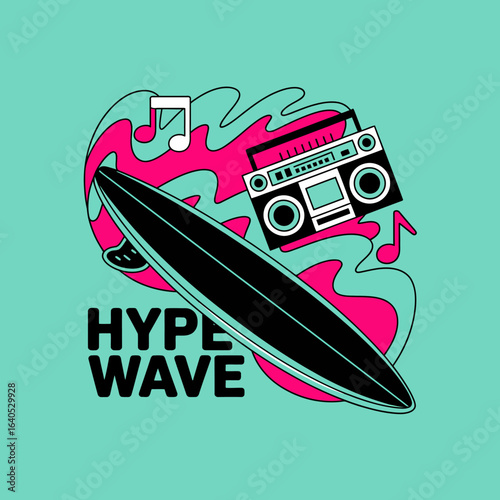 Surfboard and boombox illustration with Hype Wave text on a teal background with pink and black accents
