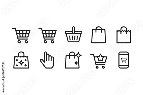 Thin Line Shopping Cart, Bag, and Basket Icons for E-commerce and Retail