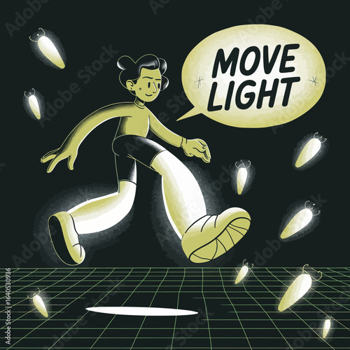 Woman dancing surrounded by fireflies with speech bubble saying Move Light in a futuristic grid environment