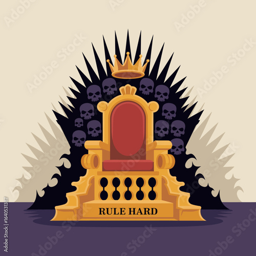 A golden throne with a crown and red cushion surrounded by skulls and spiky shapes with the phrase Rule Hard on the base