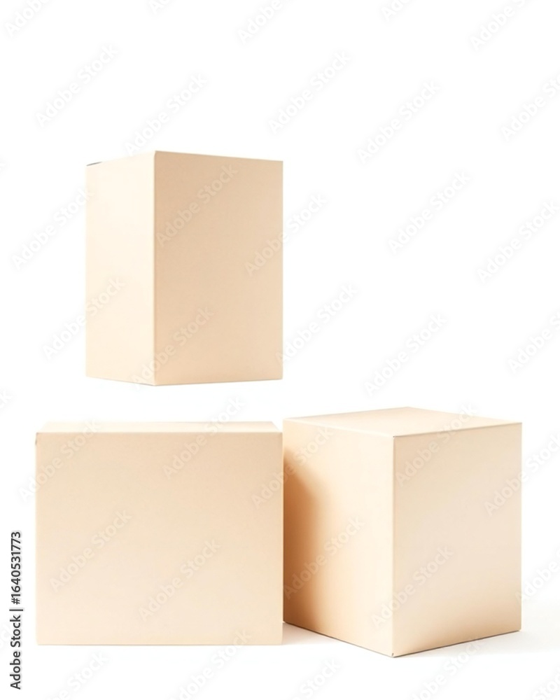 Three minimalist beige boxes arranged on a clean white background Three minimalist beige boxes arranged on a clean white background