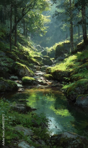 Serene Forest Stream in Natural Sunlight Premium Authentic Nature Landscape for Wellness, Relaxation, and Outdoor Lifestyle Content