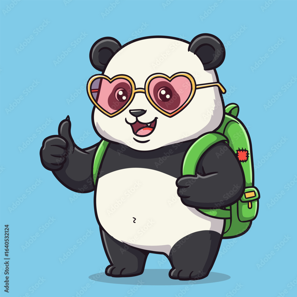 Naklejka premium Cartoon panda character with heart-shaped sunglasses and a green backpack gives a thumbs-up against a blue background.