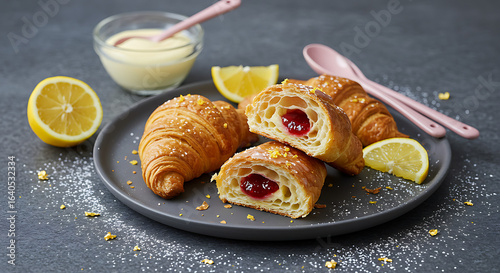 Freshly baked croissants filled with bright red jam served with lemon slices and yogurt