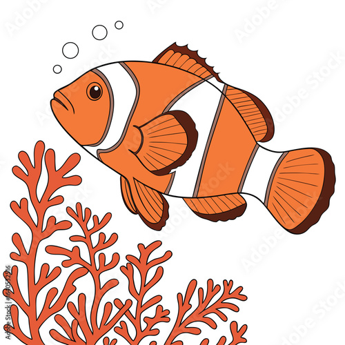 A cartoon illustration of a clownfish swimming amongst colorful coral branches
