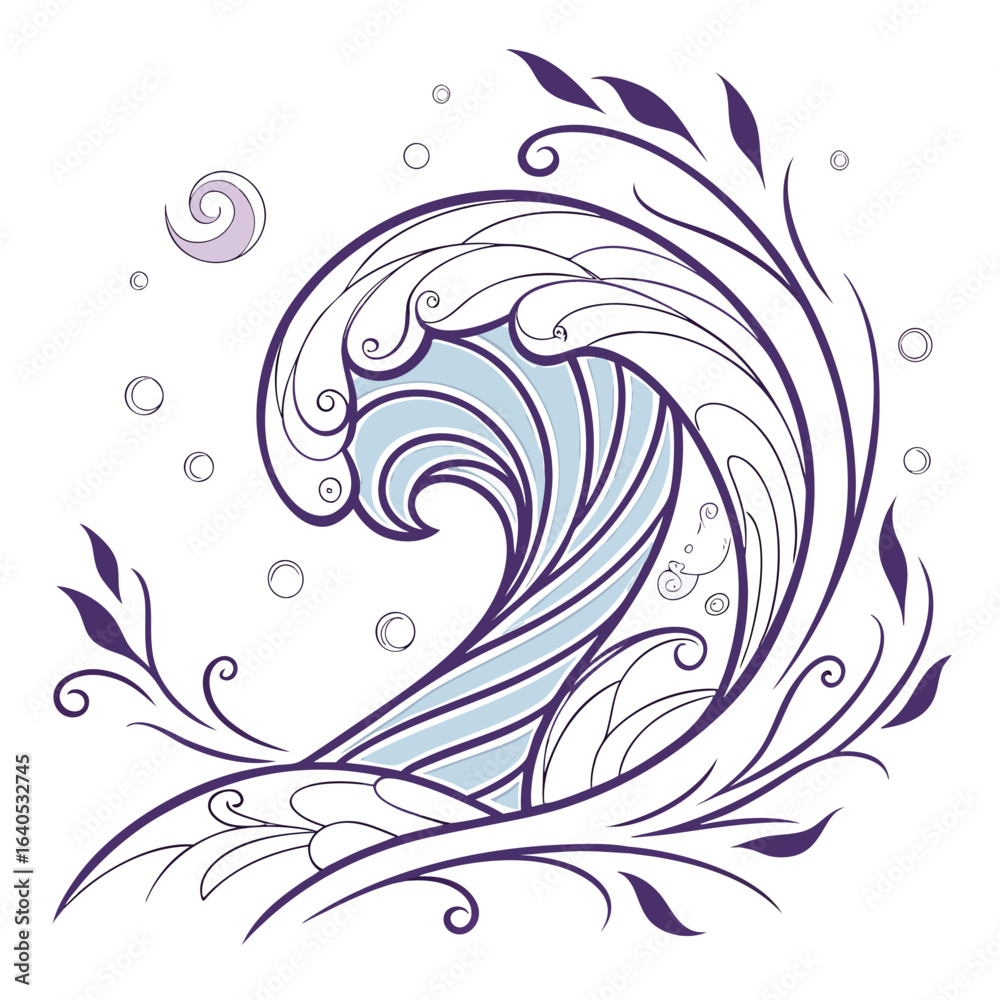 Fototapeta premium Artistic Water Wave Illustration with Flourishes and Bubbles in Purple and Blue