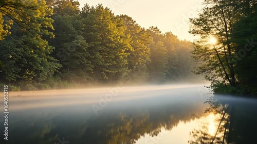 Wallpaper Mural Golden sunrise over a misty river surrounded by lush green forest, reflecting light on the calm water Torontodigital.ca