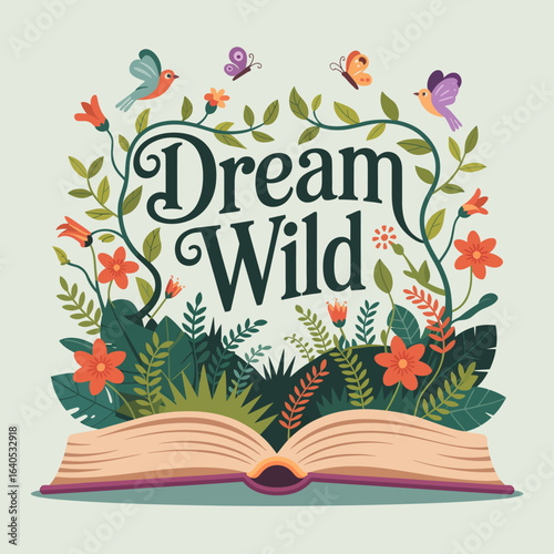 Whimsical illustration of an open book with flowers and birds surrounding the phrase Dream Wild in a fantastical natural setting