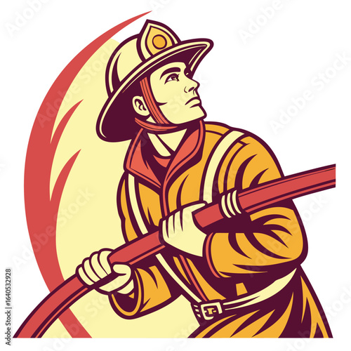 Brave Firefighter Holds a Fire Hose While Looking Upward Intently