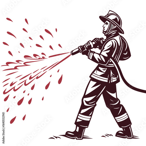 Brave firefighter sprays water from hose to extinguish blaze in vector art