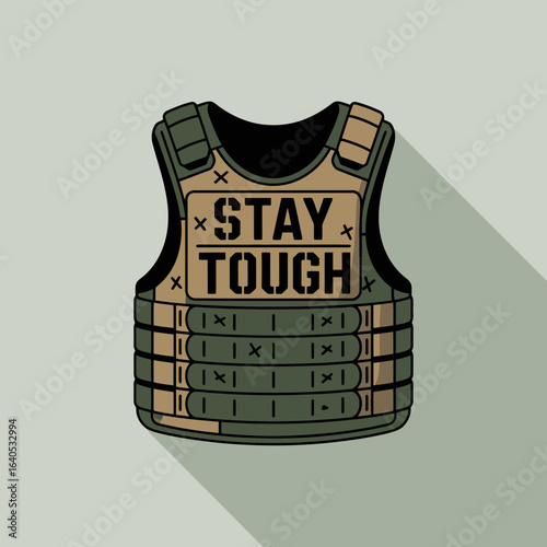 Tactical bulletproof vest with Stay Tough text on the front in a flat design illustration style on a green background