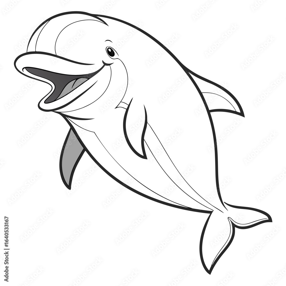 Fototapeta premium Cartoon dolphin with a happy expression, perfect for coloring pages