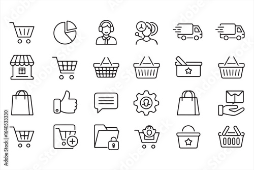 Set of Icons Representing Shopping Cart, Delivery, and Customer Service
